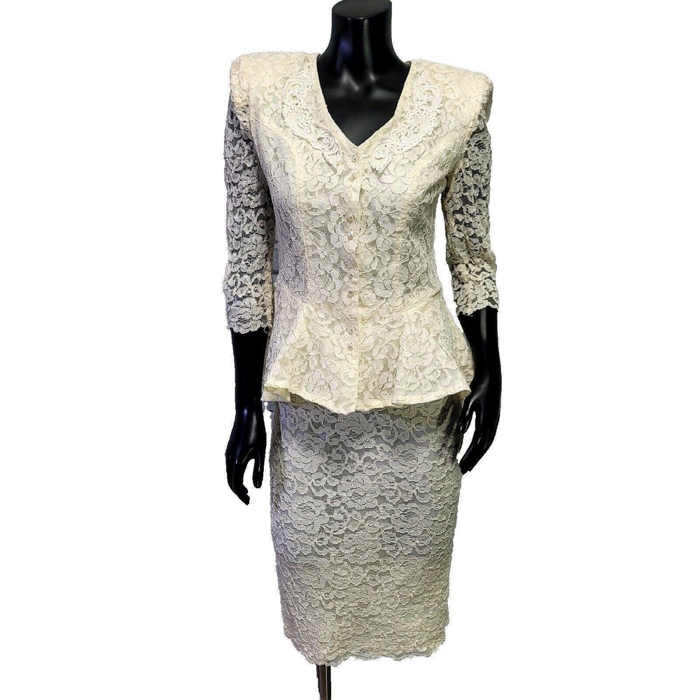 Vintage Termeh NY 80s Lace Peplum Top &‎ Pencil Skirt Set Cream MOB Coquette